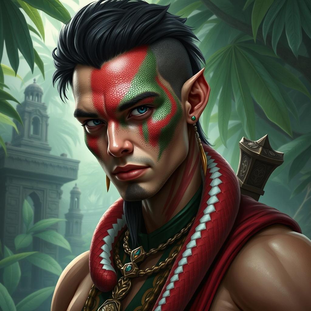 A yuan-ti pureblood man with red, white, and green scales, specifically highlighted on his cheeks