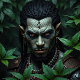 A black yuan-ti pureblood man characterized by shiny scales on his cheeks, contrasting with his white skin and dark black hair