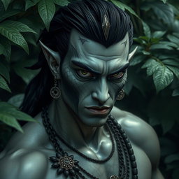 A black yuan-ti pureblood man characterized by shiny scales on his cheeks, contrasting with his white skin and dark black hair
