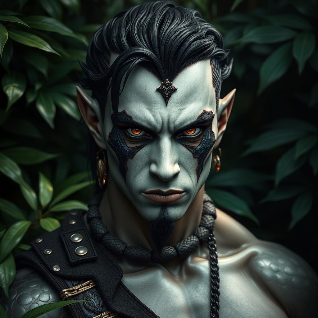 A black yuan-ti pureblood man characterized by shiny scales on his cheeks, contrasting with his white skin and dark black hair