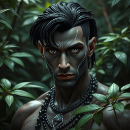 A black yuan-ti pureblood man characterized by shiny scales on his cheeks, contrasting with his white skin and dark black hair