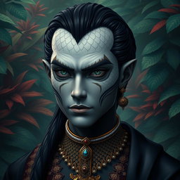 A black yuan-ti pureblood man featuring scales on his cheeks, with a striking pale complexion that contrasts uniquely with his dark, black hair