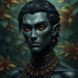 A black yuan-ti pureblood man featuring scales on his cheeks, with a striking pale complexion that contrasts uniquely with his dark, black hair