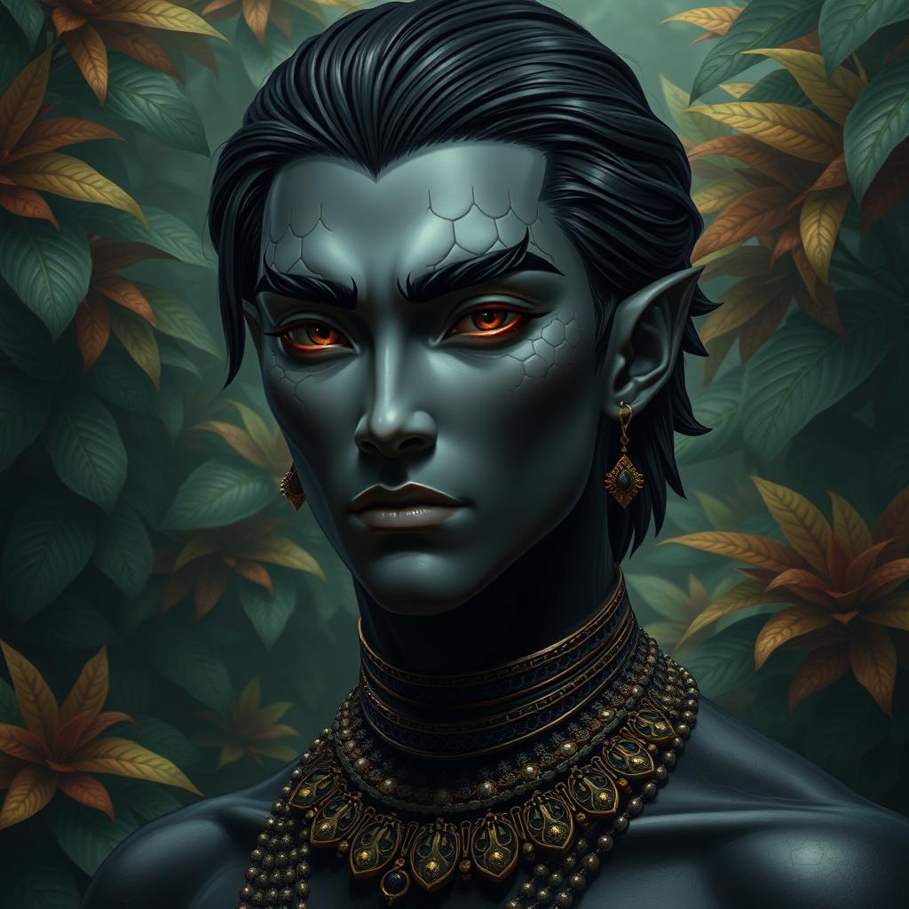 A black yuan-ti pureblood man featuring scales on his cheeks, with a striking pale complexion that contrasts uniquely with his dark, black hair