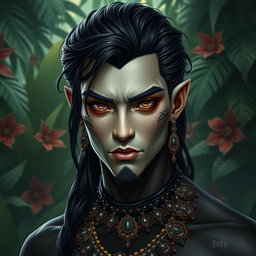 A black yuan-ti pureblood man featuring scales on his cheeks, with a striking pale complexion that contrasts uniquely with his dark, black hair
