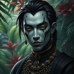 A black yuan-ti pureblood man featuring scales on his cheeks, with a striking pale complexion that contrasts uniquely with his dark, black hair