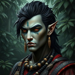 A black yuan-ti pureblood man with distinct scales on his cheeks, showcasing a pale Caucasian complexion that adds an intriguing contrast to his striking black hair