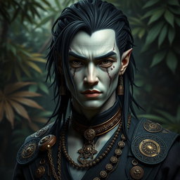 A black yuan-ti pureblood man with distinct scales on his cheeks, showcasing a pale Caucasian complexion that adds an intriguing contrast to his striking black hair