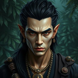 A black yuan-ti pureblood man with distinct scales on his cheeks, showcasing a pale Caucasian complexion that adds an intriguing contrast to his striking black hair