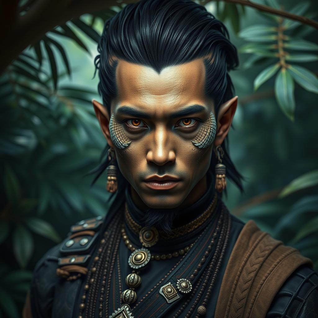 A black yuan-ti pureblood man with distinct scales on his cheeks, showcasing a pale Caucasian complexion that adds an intriguing contrast to his striking black hair
