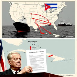 A detailed map of the United States and Cuba, showcasing bold arrows illustrating the halted trade routes between the two nations