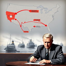 A detailed map of the United States and Cuba, showcasing bold arrows illustrating the halted trade routes between the two nations