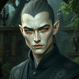 A male yuan-ti pureblood featuring distinct scales on his cheeks, with a pale Caucasian complexion that enhances his striking appearance