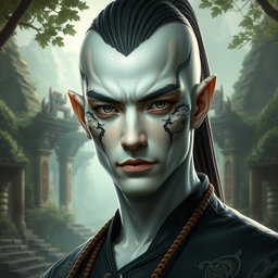 A male yuan-ti pureblood featuring distinct scales on his cheeks, with a pale Caucasian complexion that enhances his striking appearance