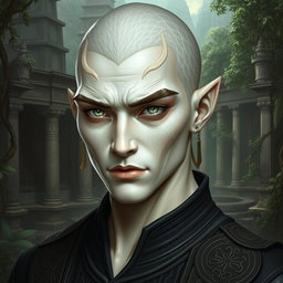 A male yuan-ti pureblood featuring distinct scales on his cheeks, with a pale Caucasian complexion that enhances his striking appearance