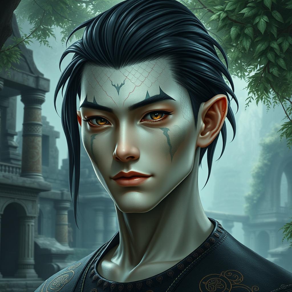 A male yuan-ti pureblood featuring distinct scales on his cheeks, with a pale Caucasian complexion that enhances his striking appearance
