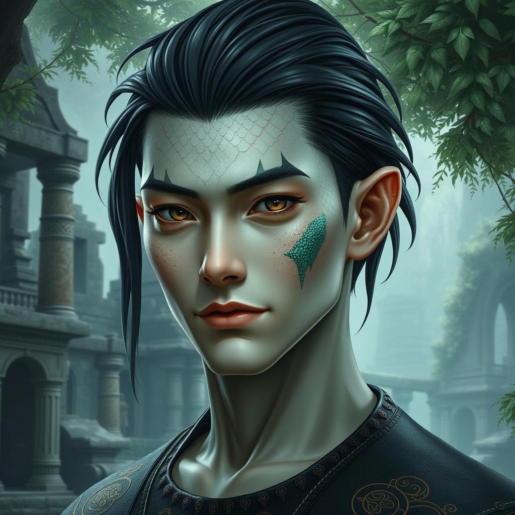 A male yuan-ti pureblood with distinct scales on his cheeks, exhibiting a pale Caucasian complexion