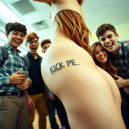 A close-up image of a nerdy girl’s sexy naked buttocks, prominently displaying a cheeky 'KICK ME' tattoo on her skin