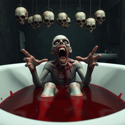 A chilling 3D rendering of a zombie-like figure in a bathtub filled with super acid, illustrating a visceral scene of distress