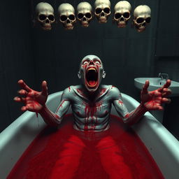 A chilling 3D rendering of a zombie-like figure in a bathtub filled with super acid, illustrating a visceral scene of distress