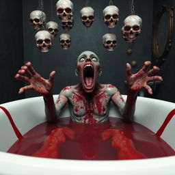 A chilling 3D rendering of a zombie-like figure in a bathtub filled with super acid, illustrating a visceral scene of distress