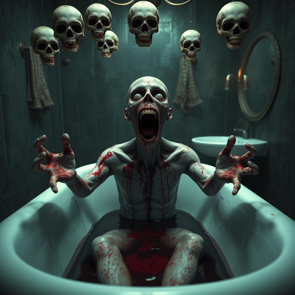 A chilling 3D rendering of a zombie-like figure in a bathtub filled with super acid, illustrating a visceral scene of distress