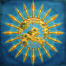A fantasy map shaped like a sun, featuring rays that represent small islands and scattered mountains