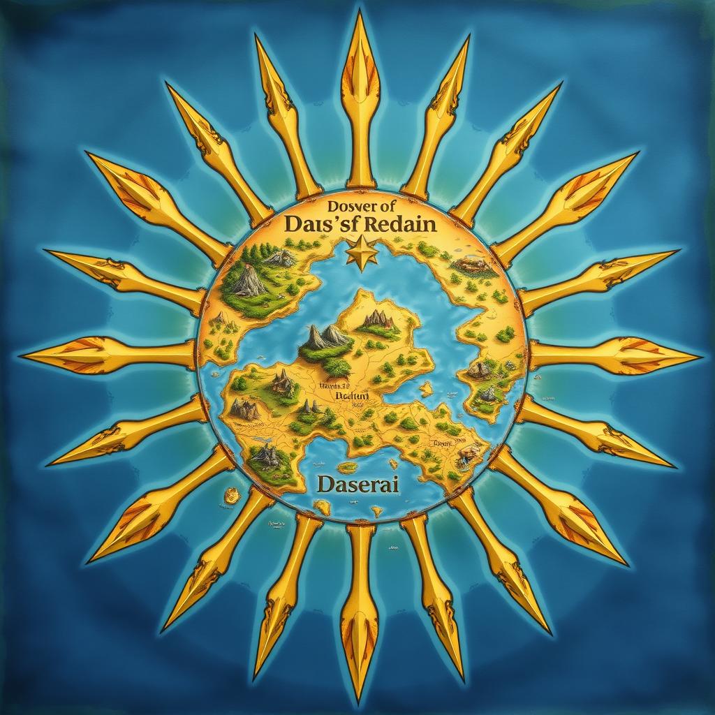 A fantasy map shaped like a sun, featuring rays that represent small islands and scattered mountains