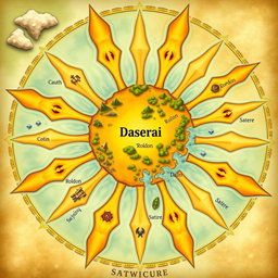 A fantasy map shaped like a sun, featuring rays that represent small islands and scattered mountains