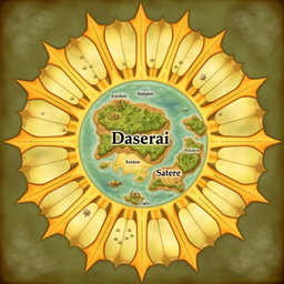 A fantasy map shaped like a sun, featuring rays that represent small islands and scattered mountains