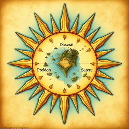 A fantasy map shaped like a sun, featuring rays that represent small islands and scattered mountains