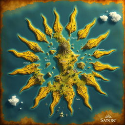 A fantasy map shaped like a sun, where the sun's rays are represented as small islands and there are few mountains scattered throughout