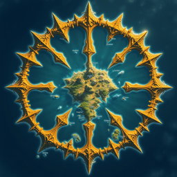 A fantasy map shaped like a sun, where the sun's rays are represented as small islands and there are few mountains scattered throughout
