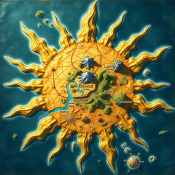 A fantasy map shaped like a sun, where the sun's rays are represented as small islands and there are few mountains scattered throughout