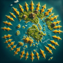 A fantasy map shaped like a sun, where the sun's rays are represented as small islands and there are few mountains scattered throughout