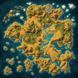 A large fantasy map featuring a broad country surrounded by small islands and a scattering of mountains