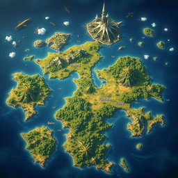A large fantasy map featuring a broad country surrounded by small islands and a scattering of mountains