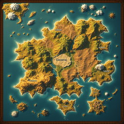 A large fantasy map featuring a broad country surrounded by small islands and a scattering of mountains