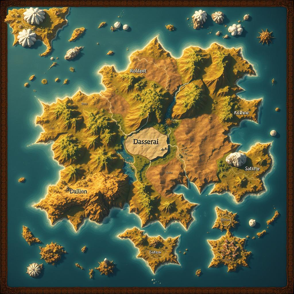 A large fantasy map featuring a broad country surrounded by small islands and a scattering of mountains