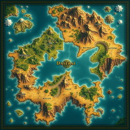 A large fantasy map featuring a broad country surrounded by small islands and a scattering of mountains