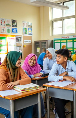 A lively high school classroom scene with female students wearing colorful hijabs and male students resting their heads on their desks playfully looking at each other