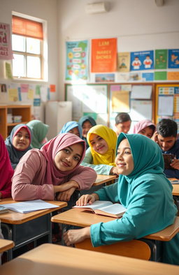 A lively high school classroom scene with female students wearing colorful hijabs and male students resting their heads on their desks playfully looking at each other