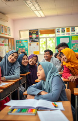 A lively high school classroom scene with female students wearing colorful hijabs and male students resting their heads on their desks playfully looking at each other