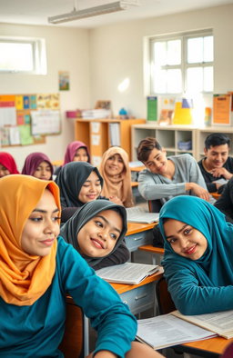 A lively high school classroom scene with female students wearing colorful hijabs and male students resting their heads on their desks playfully looking at each other