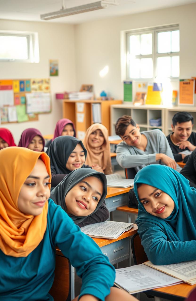 A lively high school classroom scene with female students wearing colorful hijabs and male students resting their heads on their desks playfully looking at each other