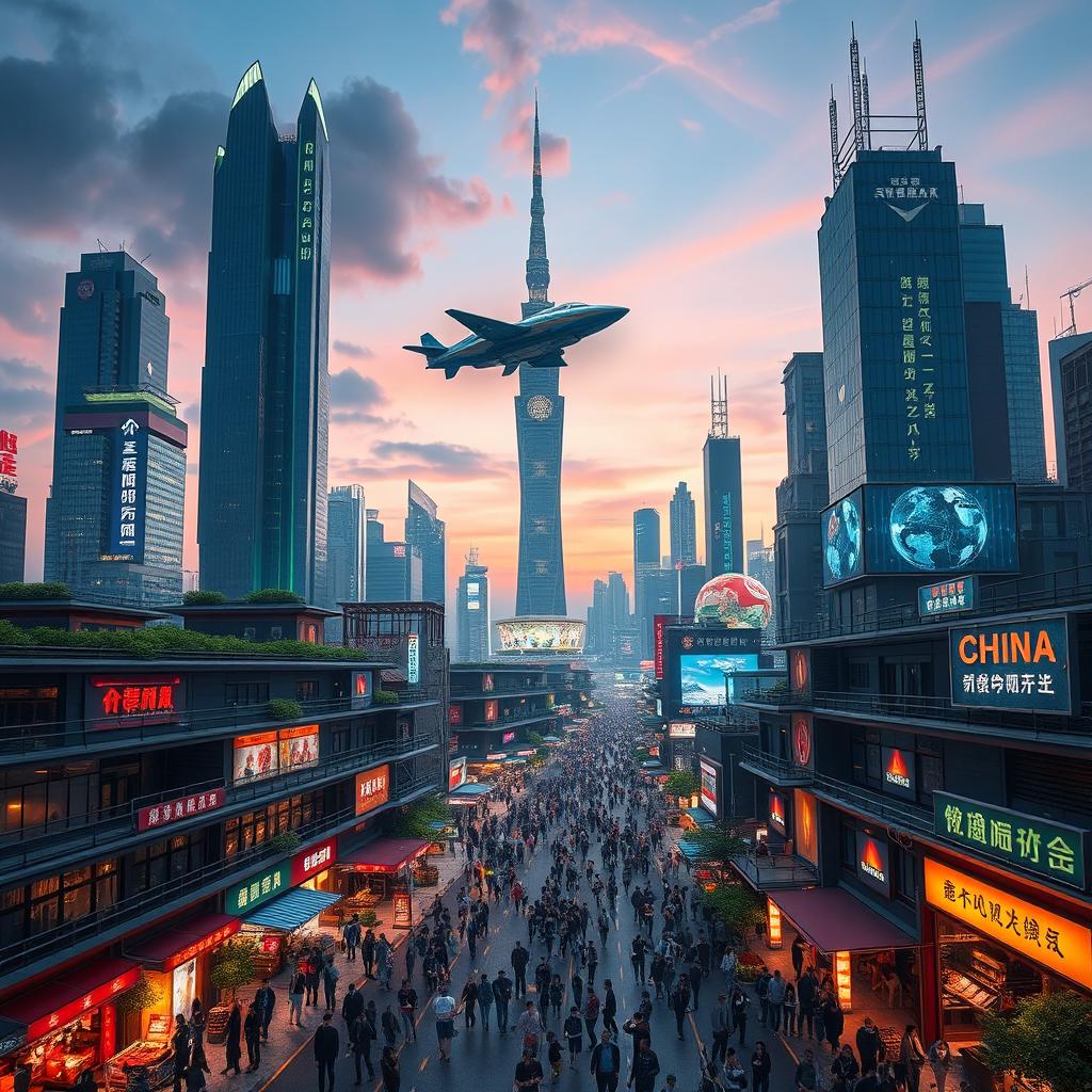 A futuristic cityscape of China in the year 2050, showcasing advanced architecture and technology