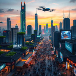 A futuristic cityscape of China in the year 2050, showcasing advanced architecture and technology