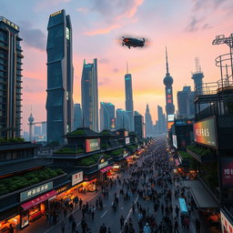 A futuristic cityscape of China in the year 2050, showcasing advanced architecture and technology
