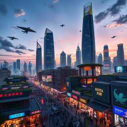 A futuristic cityscape of China in the year 2050, showcasing advanced architecture and technology