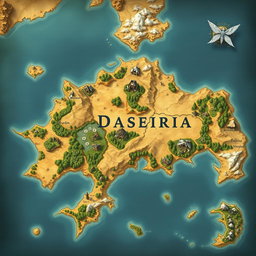 A detailed fantasy map of a large country with small islands surrounding it and a few mountains scattered throughout